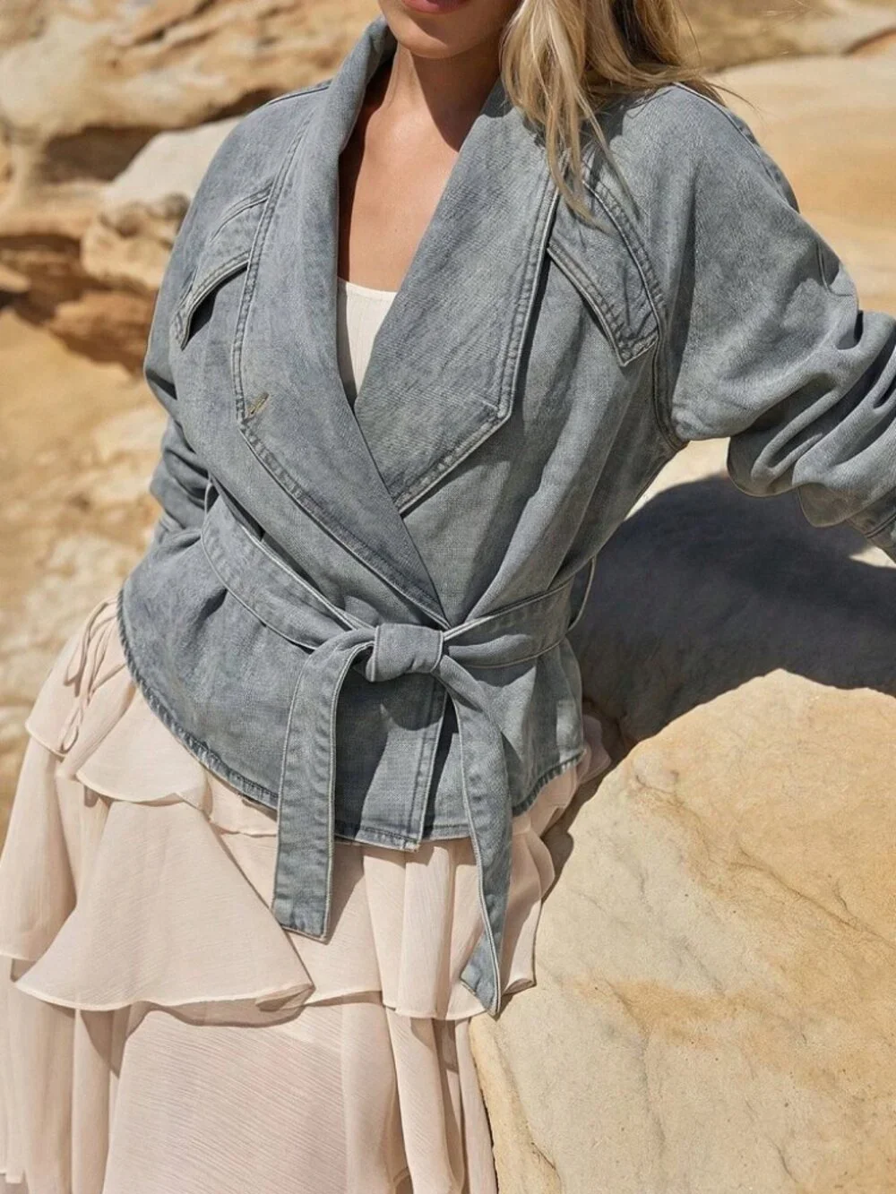 Blue Denim Wrap Jacket with Tie Waist Belt